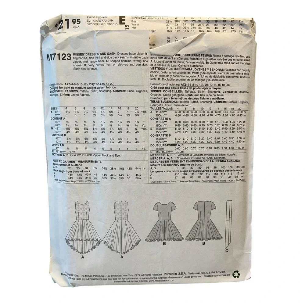 McCALL'S M7123 Misses' Dress Sewing Pattern Size 4-12 High Low Hem